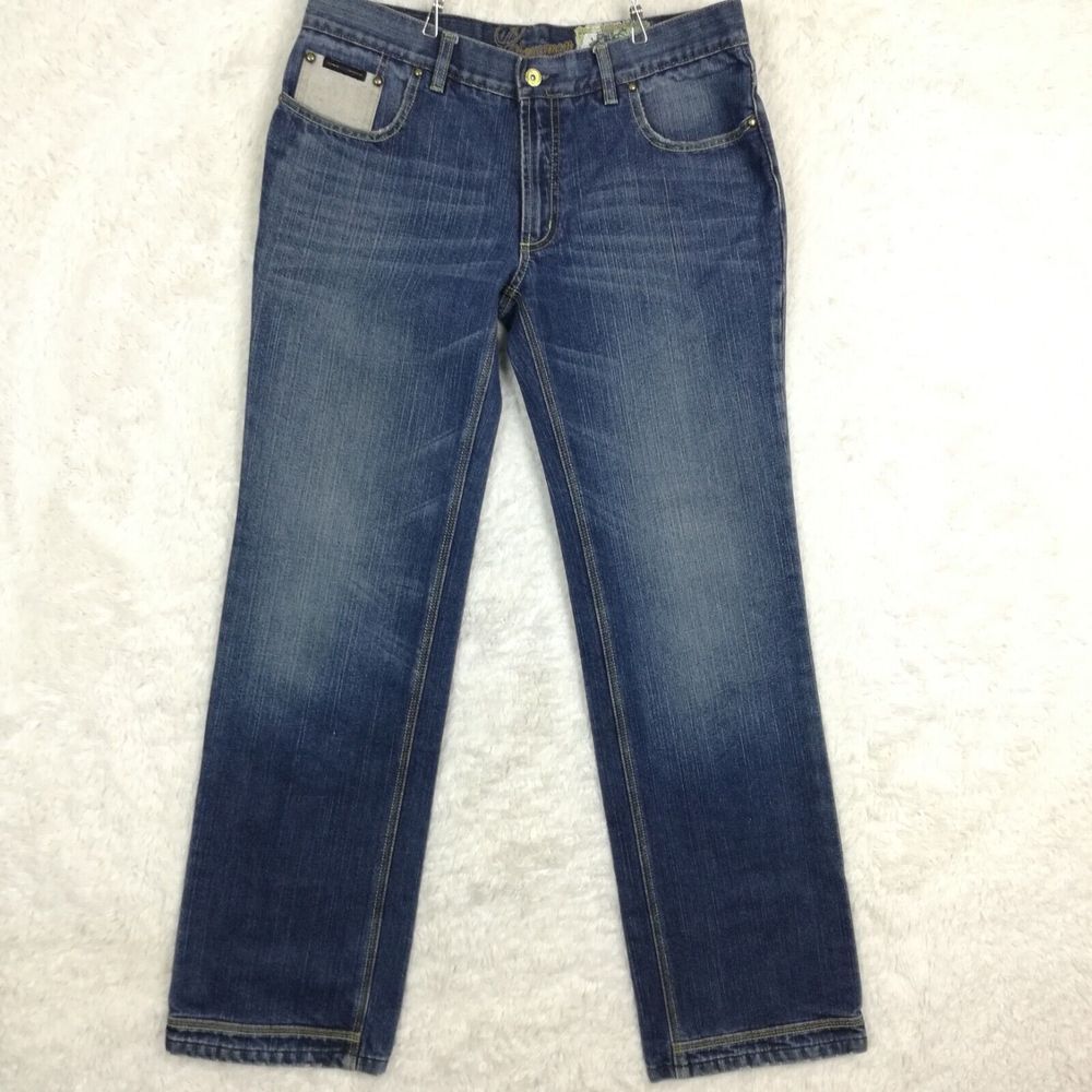 Chevignon Mens Jeans Straight‎ Leg Fit Blue Denim Whiskering Medium Wash 34